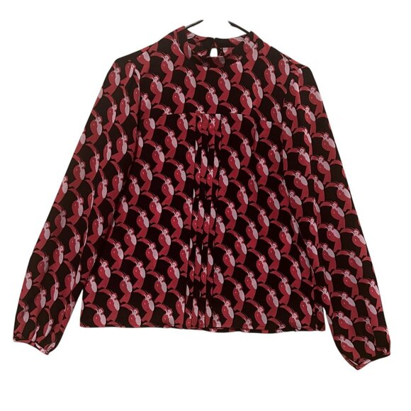 Avec Les Filles pleated Blouse mock neck top Size XS Toucan Bird Long Sleeve - Picture 2 of 10